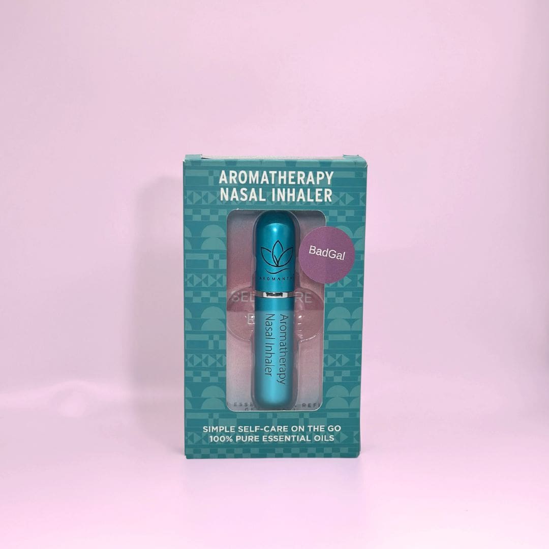 A display of the ecofriendly Aromanthi badgal aromatherapy nasal inhaler for simple self care on the go made with 100% pure essential oils in blue color option