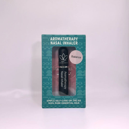 A display of the ecofriendly Aromanthi balance aromatherapy nasal inhaler for simple self care on the go made with 100% pure essential oils in black color option