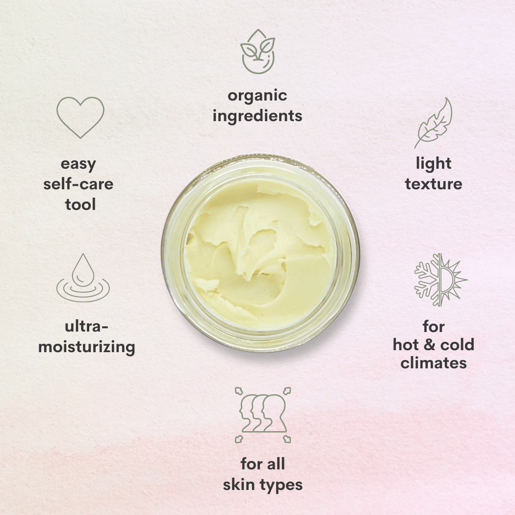 A pink background with Gemma's blend body butter texture showing text around it that states organic ingredients, easy self-care tool, ultra moisturizing, for all skin types, for hot and cold climates, and light texture.