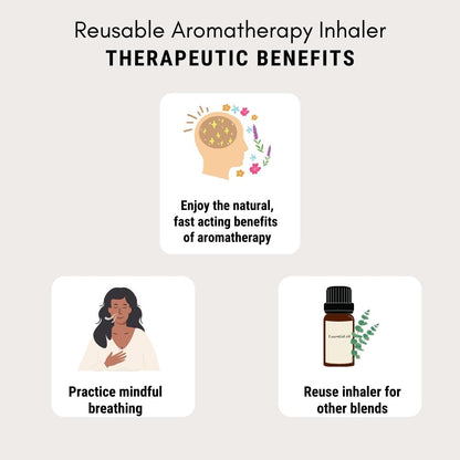 A display of the therapeutic benefits for Aromanthi reusable balance aromatherapy nasal inhaler. 1 enjoy the natural fast acting benefits of aromatherapy, 2 practice mindful breathing, 3 reuse inhaler for other essential oil blends