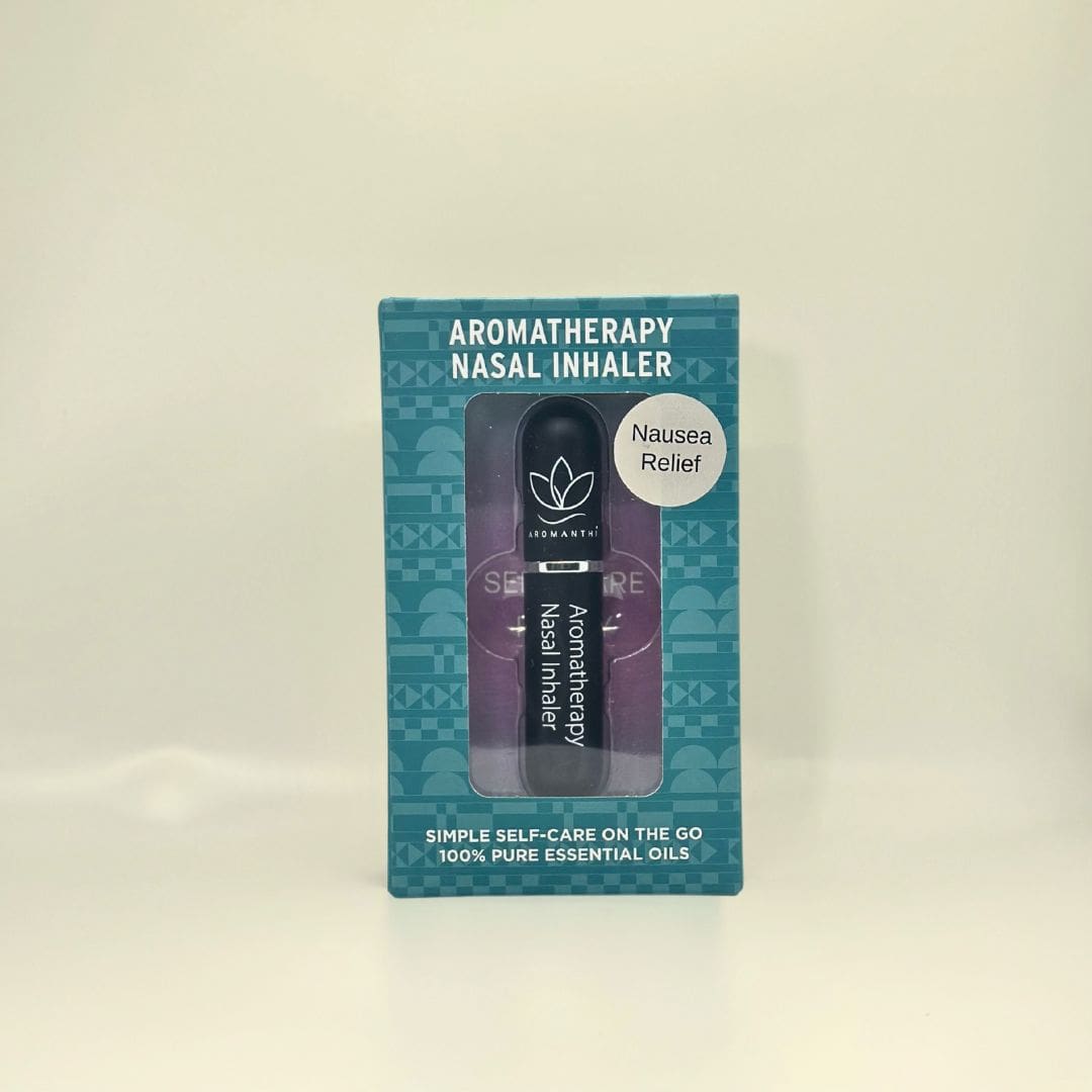 A display of the ecofriendly Aromanthi nausea relief aromatherapy nasal inhaler for simple self care on the go made with 100% pure essential oils in black color option