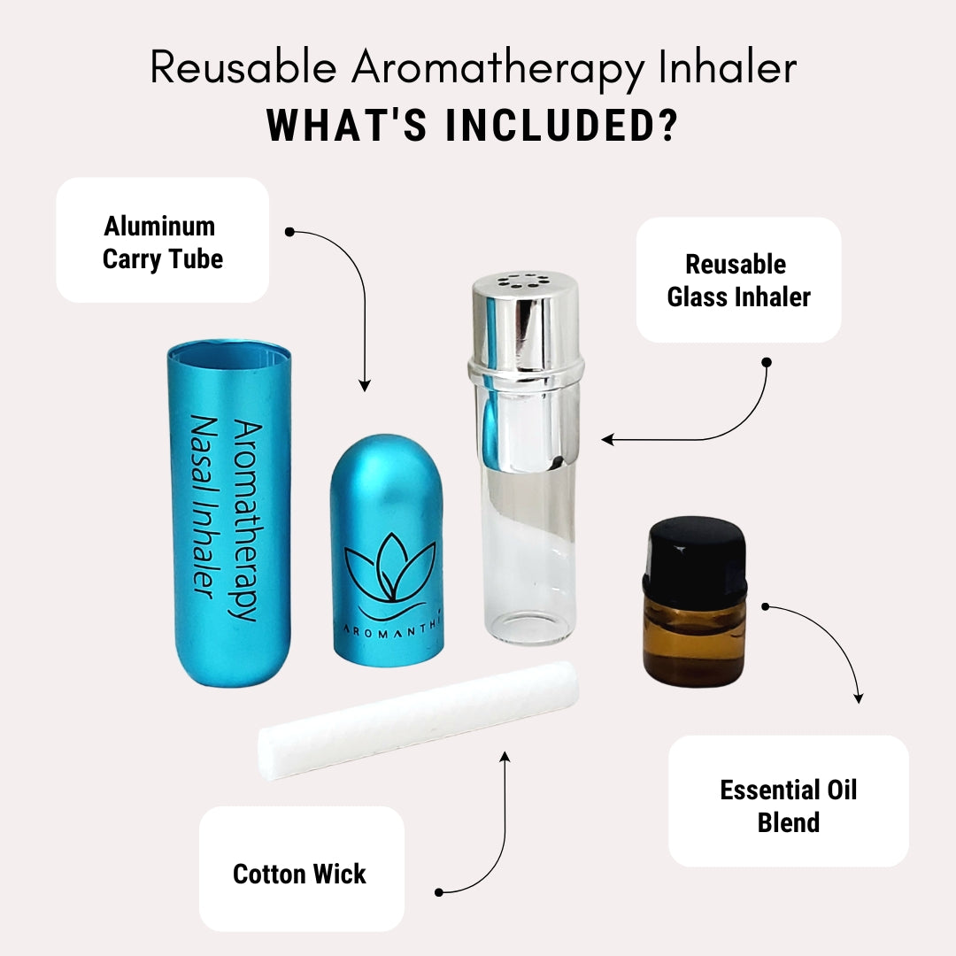 An image of what's included in Aromanthi reusable aromatherapy nasal inhaler for headache relief. 1 aluminum carry tube, 1 reusable glass inhaler, 1 cotton wick, 1 bottle of energize essential oil blend.