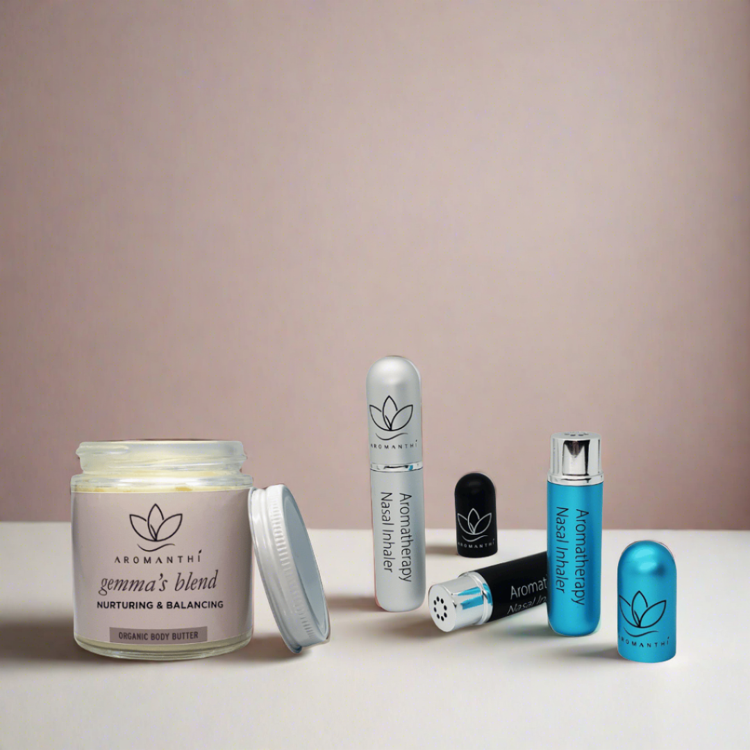 Aromanthi self love bundle includes a white backdrop photo with 3 aromatherapy products which are Gemma's blend body butter, badgal aromatherapy nasal inhaler and balance aromatherapy nasal inhaler. It displays the 3 nasal inhaler colors you can choose from which are silver, black and blue