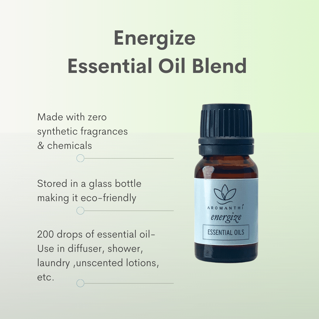 A light green backdrop with the energize blend displayed with text energize essential oil blend. Made with zero synthetic fragrances and chemicals, stored in a glass bottle making it eco friendly, 200 drops of essential oil you can use in diffuser, shower, laundry, unscented lotions, etc.