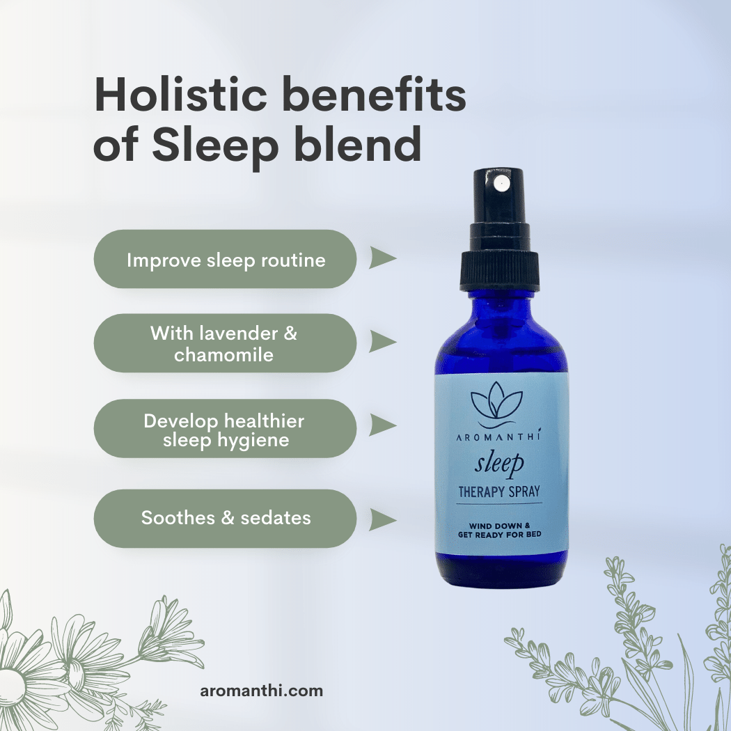 A pale blue backdrop with the sleep aromatherapy spray that has the text holistic benefits of sleep blend, improve sleep routine, with lavender and chamomile, develop healthier sleep hygiene, soothes and sedates