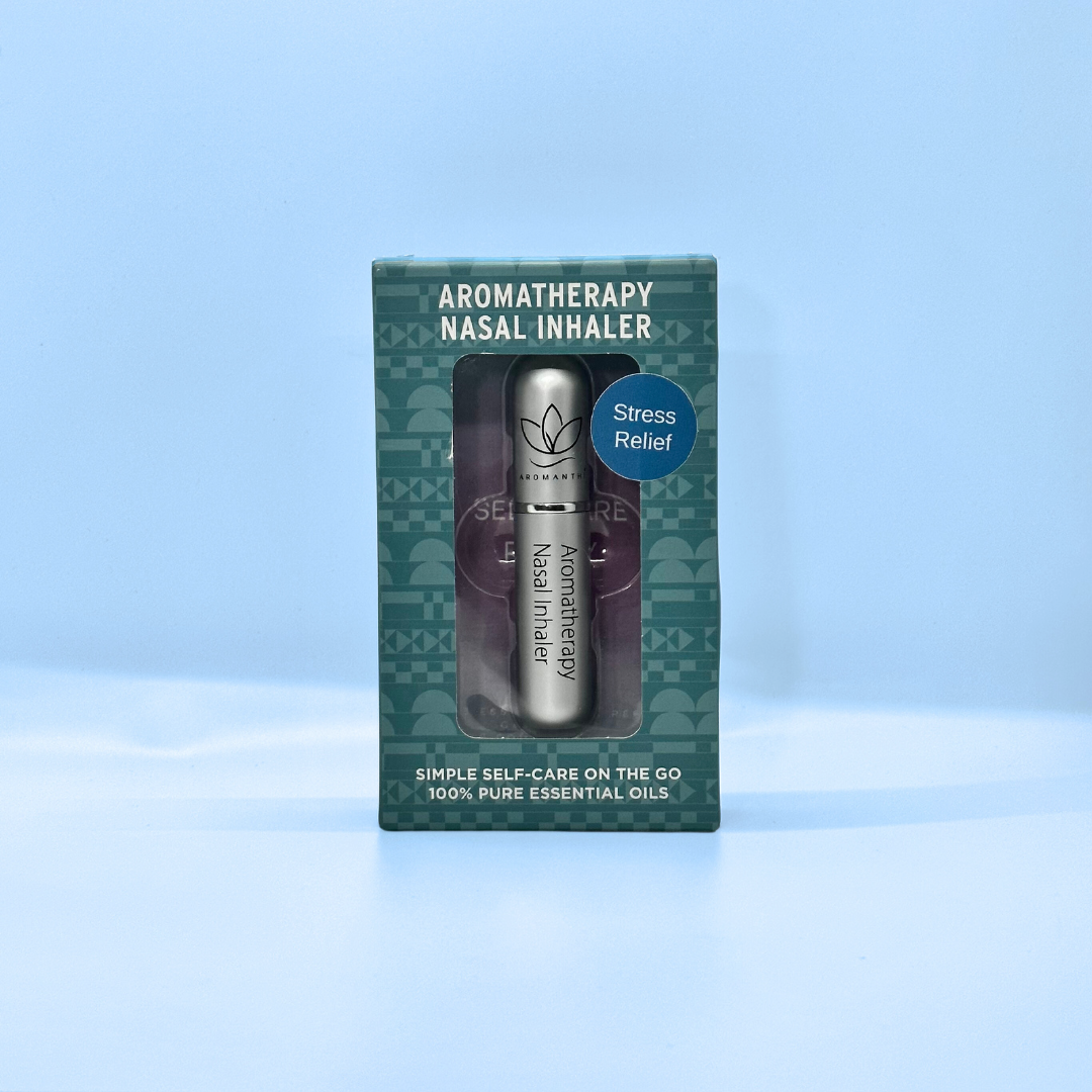 A display of the ecofriendly Aromanthi stress relief aromatherapy nasal inhaler for simple self care on the go made with 100% pure essential oils in silver color option