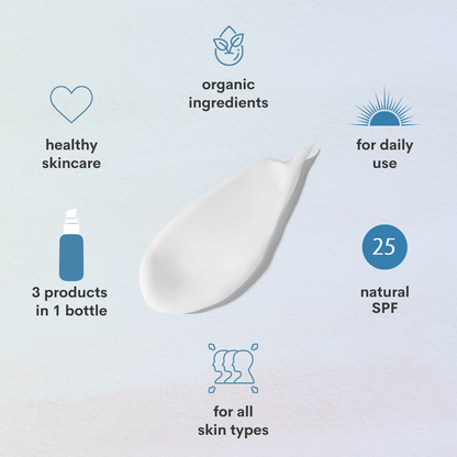 The mastic moisturizer texture displayed with text and symbols stating organic ingredients, for daily use, natural spf 25, for all skin types, 2 products in 1 bottle, healthy skincare