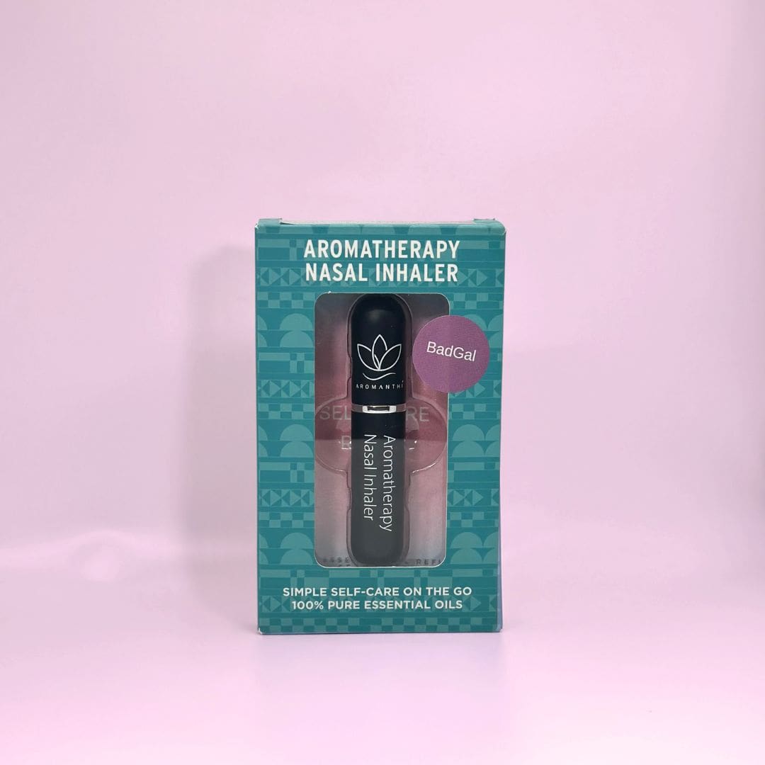 A display of the ecofriendly Aromanthi badgal aromatherapy nasal inhaler for simple self care on the go made with 100% pure essential oils in black color option