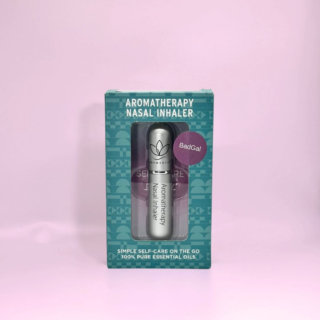 A display of the ecofriendly Aromanthi badgal aromatherapy nasal inhaler for simple self care on the go made with 100% pure essential oils in silver color option