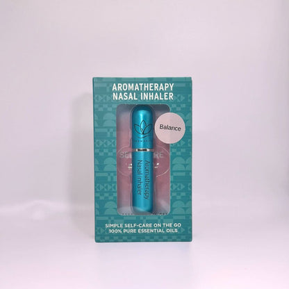 A display of the ecofriendly Aromanthi balance aromatherapy nasal inhaler for simple self care on the go made with 100% pure essential oils in blue color option