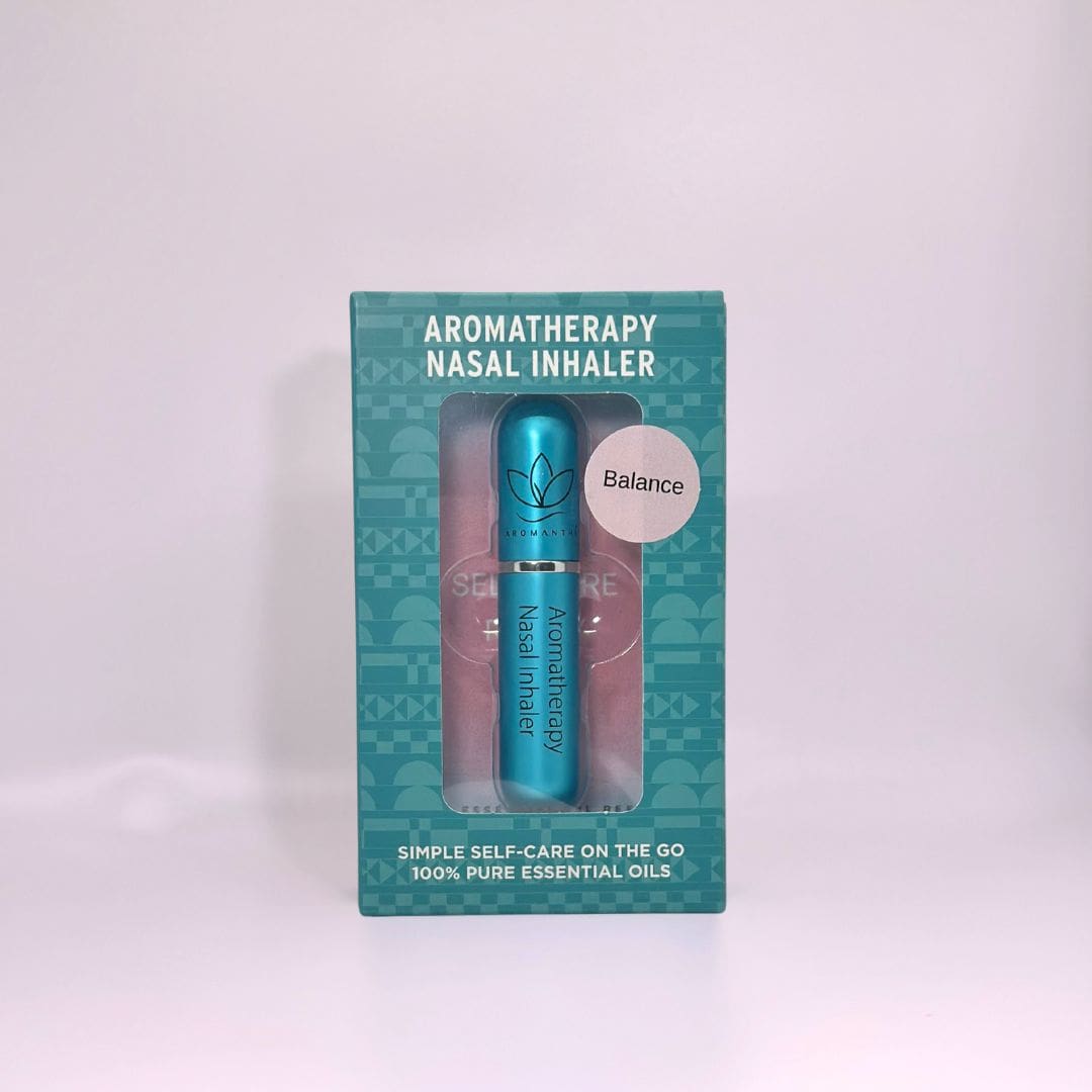 A display of the ecofriendly Aromanthi balance aromatherapy nasal inhaler for simple self care on the go made with 100% pure essential oils in blue color option
