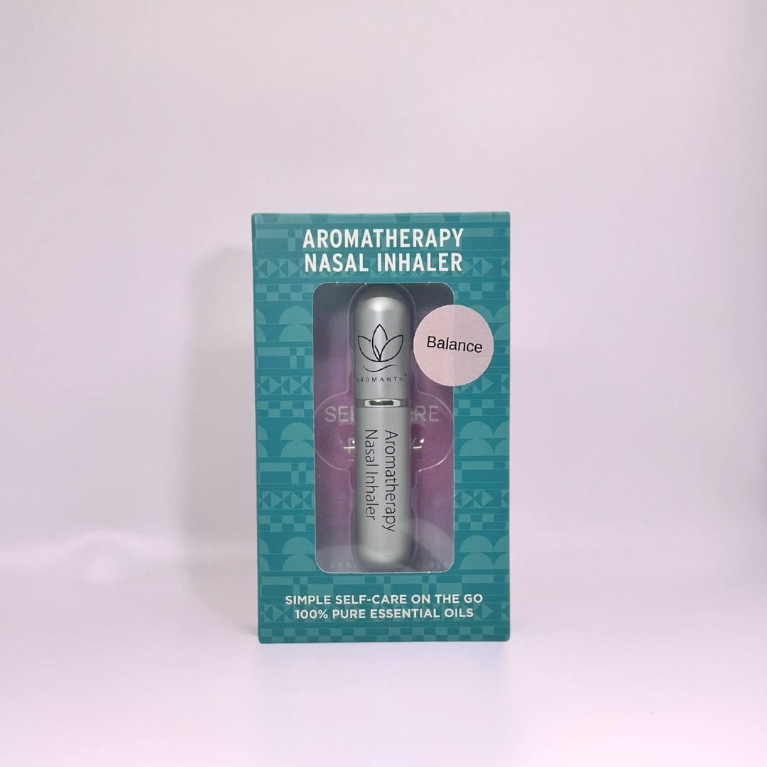 A display of the ecofriendly Aromanthi balance aromatherapy nasal inhaler for simple self care on the go made with 100% pure essential oils in silver color option