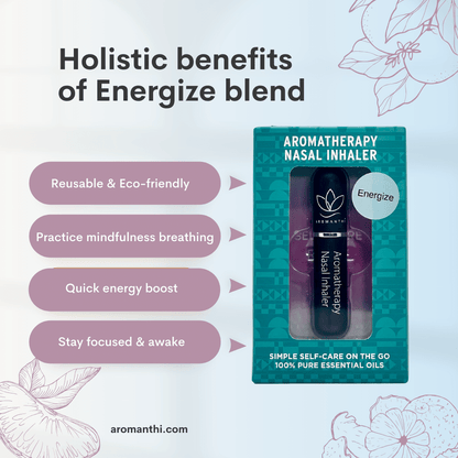 An image of a black energize aromatherapy nasal inhaler that text reads holistic benefits of energize blend. reusable and eco friendly, practice mindfulness breathing, quick energy boost, stay focused and awake.