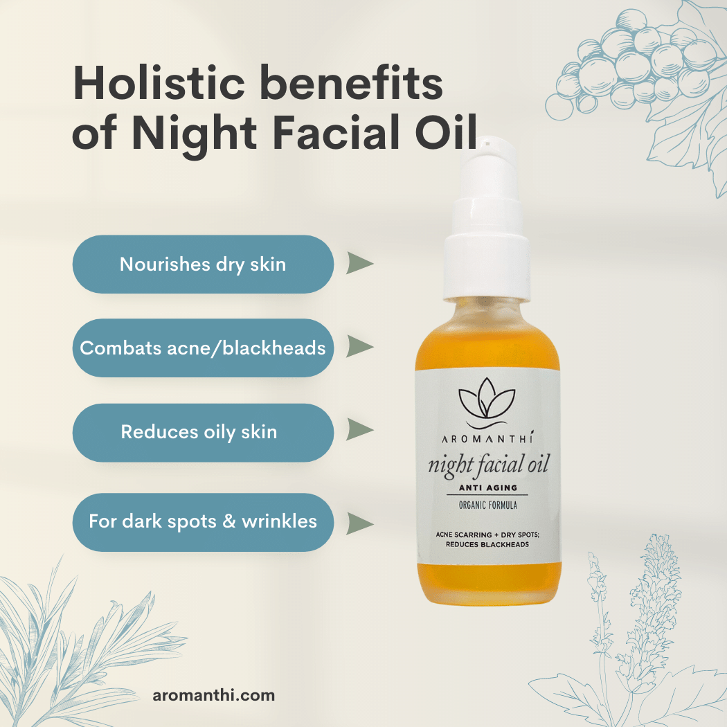 The night facial oil displayed on a light blue background with the text holistic benefits of night facial oil nourishes dry skin, combats acne and blackheads, reduces oily skin, for dark spots and wrinkles. This product is EWG verified