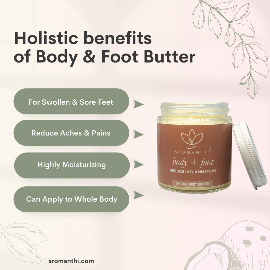 A pink background with florals that displays the foot and body butter jar with text holistic benefits of body and foot butter. For swollen and sore feet, reduce aches and pains, highly moisturizing, can apply to whole body.