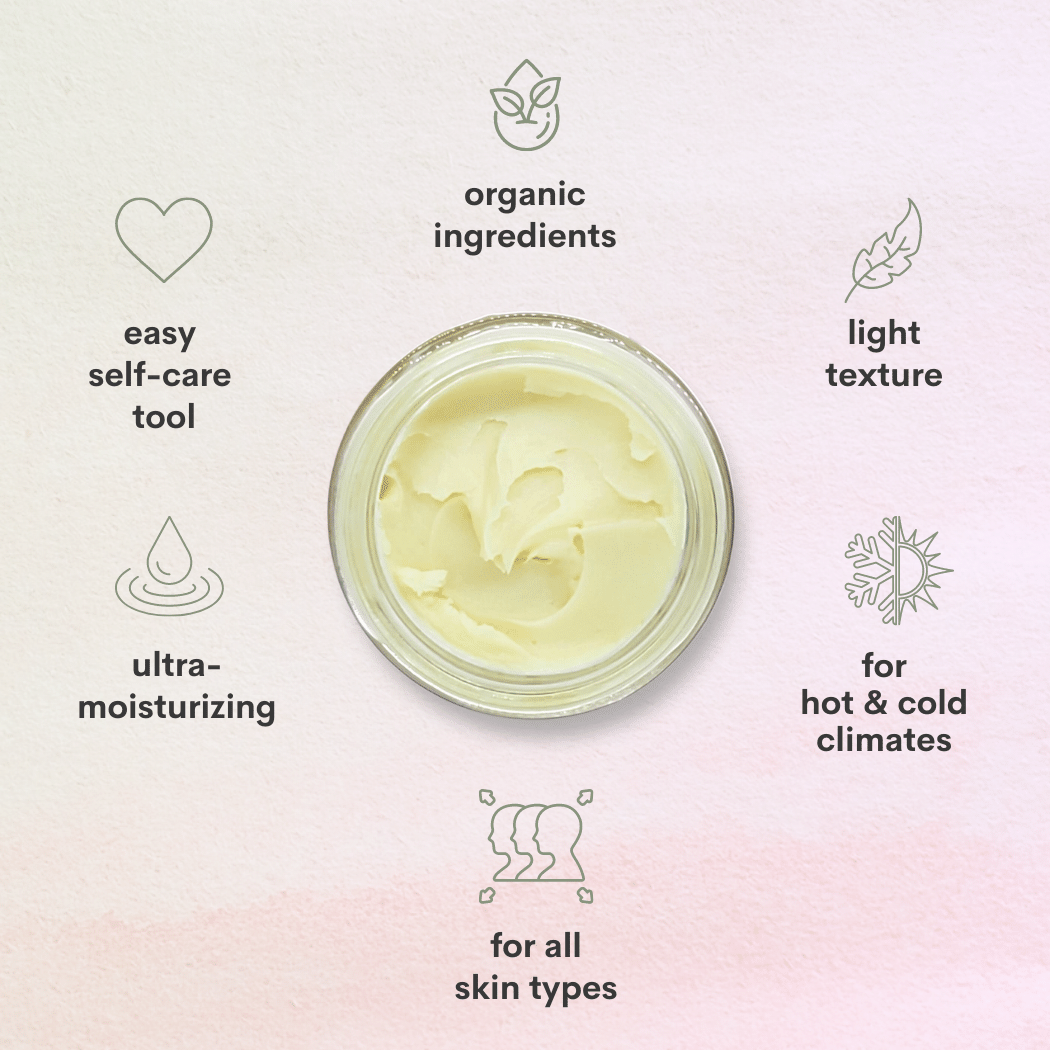 A pink background with Gemma's blend body butter texture showing text around it that states organic ingredients, easy self-care tool, ultra moisturizing, for all skin types, for hot and cold climates, and light texture. 