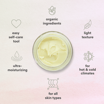 A pink background with Gemma's blend body butter texture showing text around it that states organic ingredients, easy self-care tool, ultra moisturizing, for all skin types, for hot and cold climates, and light texture. 