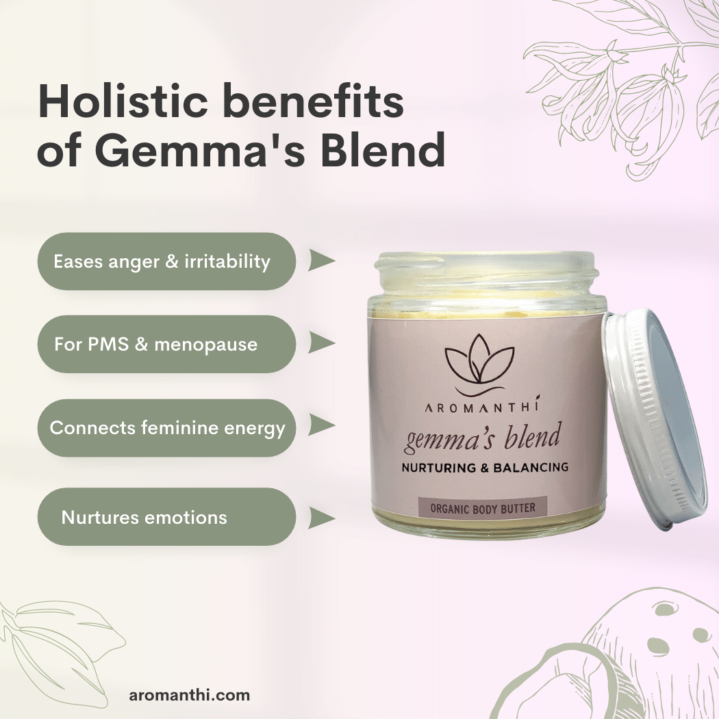 A floral photo with an image of gemma's blend body butter and text that states holistic benefits of gemma's blend. Eases anger and irritability, for pms and menopause, connects feminine energy, nurtures emotions and is EWG verified