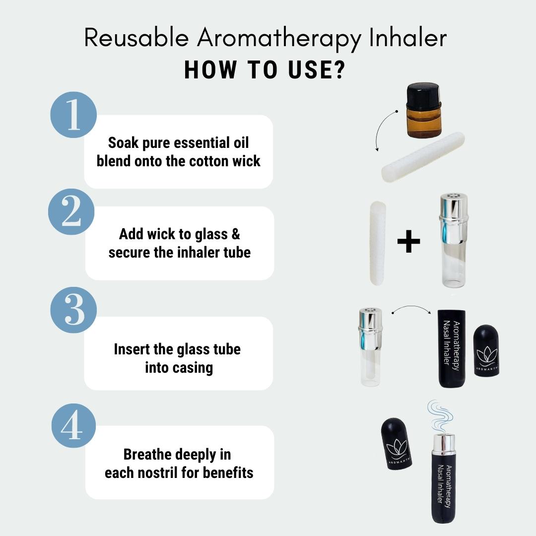 A step by step guide of Aromanthi reusable stuffy nose aromatherapy inhaler and how to use. Step 1 soak pure essential oil blend onto the cotton wick, Step 2 add wick to glass and secure the inhaler tube, Step 3 insert the glass tube into casing, Step 4 breathe deeply in each nostril for aromatherapy benefits