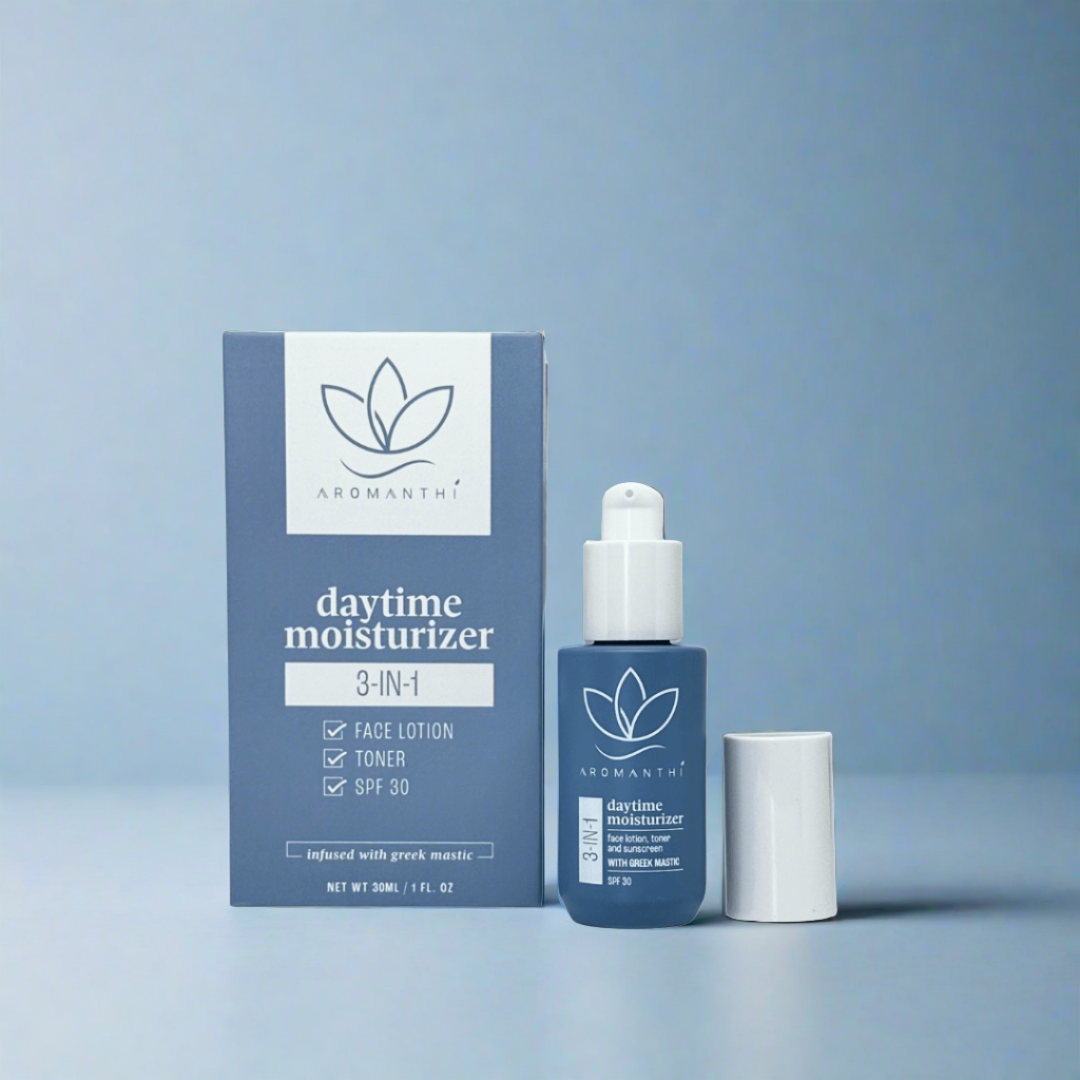 3-in-1 Daytime Moisturizer by Aromanthi. Shop Aromanthi 3-in-1 Daytime Moisturizer made with Mastic (Mastiha) from Greece. A toner, moisturizer and natural SPF 30 made from essential oils, zinc oxide and base oils like vitamin E, argan, grapeseed, and rose water. Self-care with therapeutic benefits from chamomile, eucalyptus, neroli and cedarwood oils.