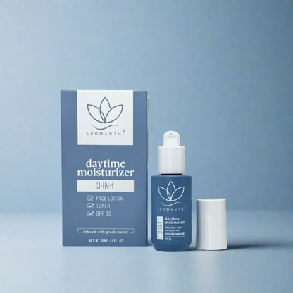 3-in-1 Daytime Moisturizer by Aromanthi. Shop Aromanthi 3-in-1 Daytime Moisturizer made with Mastic (Mastiha) from Greece. A toner, moisturizer and natural SPF 30 made from essential oils, zinc oxide and base oils like vitamin E, argan, grapeseed, and rose water. Self-care with therapeutic benefits from chamomile, eucalyptus, neroli and cedarwood oils.