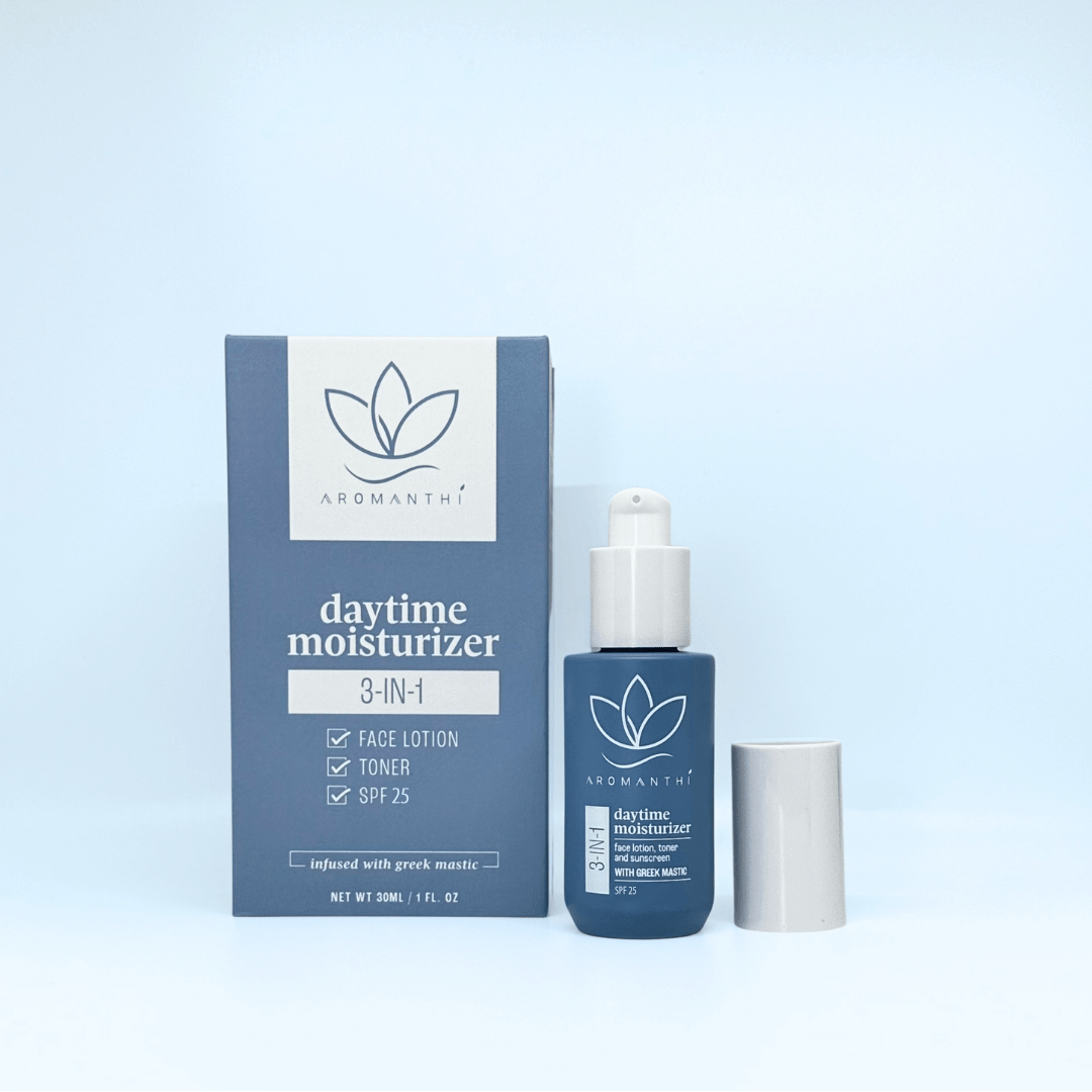 3-in-1 Daytime Moisturizer by Aromanthi. Shop Aromanthi 3-in-1 Daytime Moisturizer made with Mastic (Mastiha) from Greece. A toner, moisturizer and natural SPF 25 made from essential oils, zinc oxide and base oils like vitamin E, argan, grapeseed, and rose water. Self-care with therapeutic benefits from chamomile, eucalyptus, neroli and cedarwood oils.