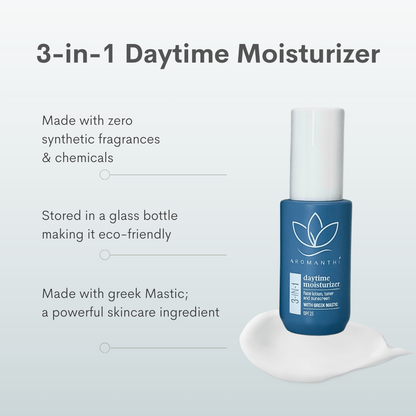 The bottle of daytime moisturizer with the text 3-in 1 daytime moisturizer made with zero synthetic fragrances and chemicals, stored in a glass bottle making it eco friendly, made with greek mastic a powerful skincare ingredient.