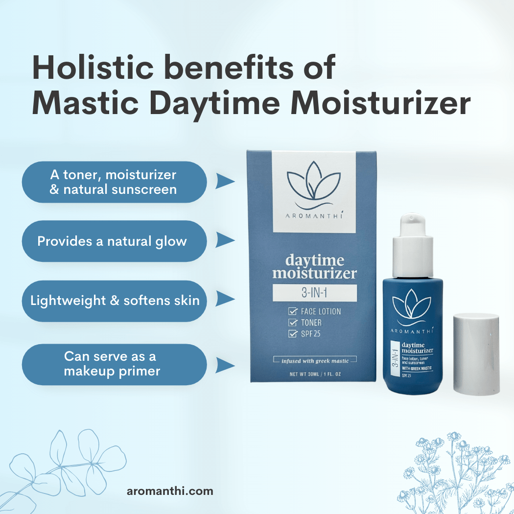 Aromanthi Mastic daytime moisturizer displayed against a blue floral background with the text holistic benefits of mastic daytime moisturizer. A toner, moisturizer and natural sunscreen, provides a natural glow, lightweight and softens skin, can serve as a makeup primer.