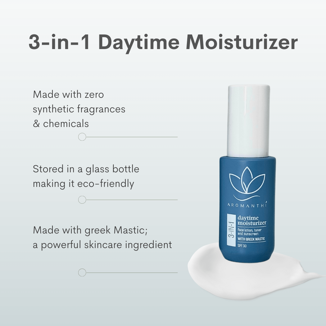 The bottle of daytime moisturizer with the text 3-in 1 daytime moisturizer made with zero synthetic fragrances and chemicals, stored in a glass bottle making it eco friendly, made with greek mastic a powerful skincare ingredient.