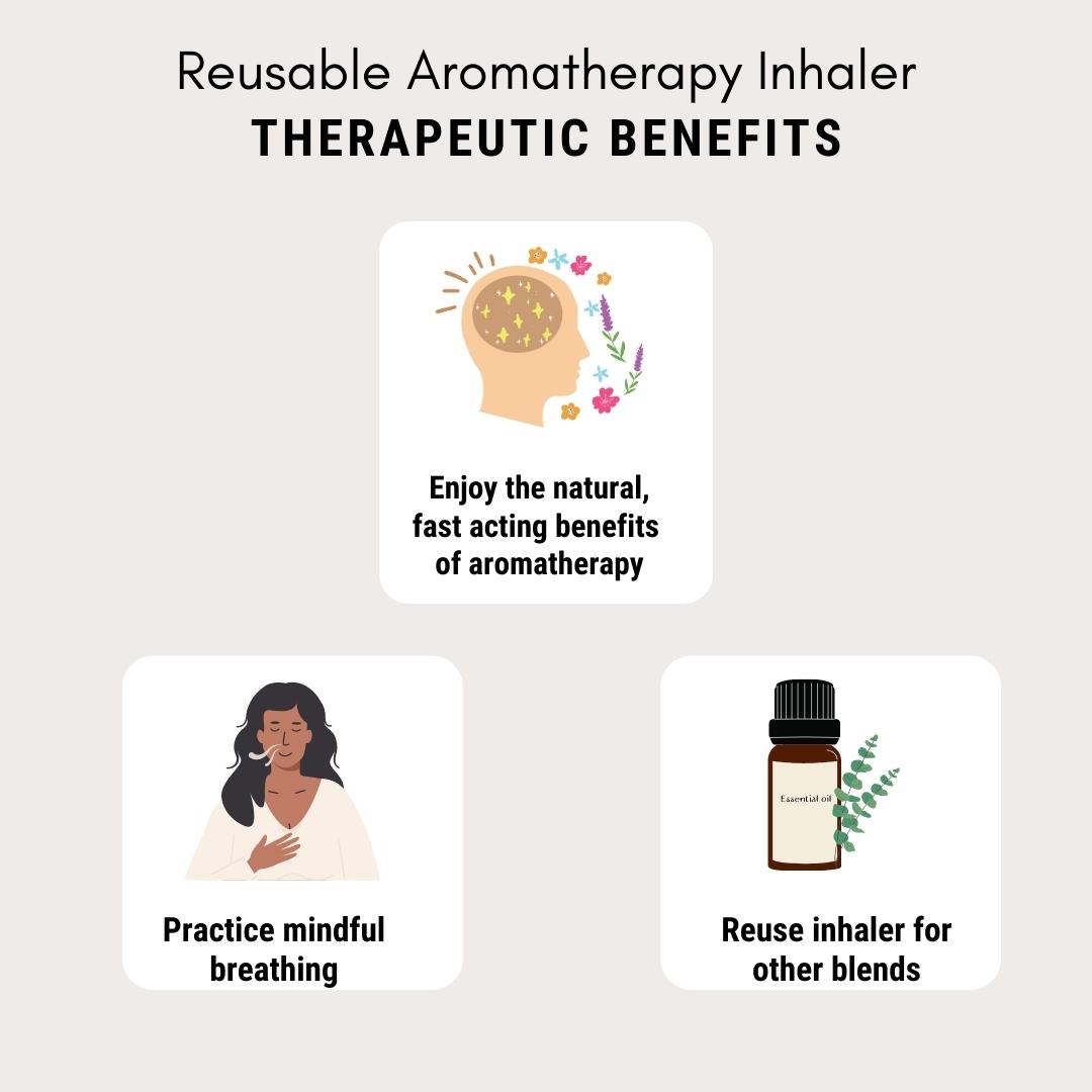 A display of the therapeutic benefits for Aromanthi reusable positivity aromatherapy nasal inhaler. 1 enjoy the natural fast acting benefits of aromatherapy, 2 practice mindful breathing, 3 reuse inhaler for other essential oil blends