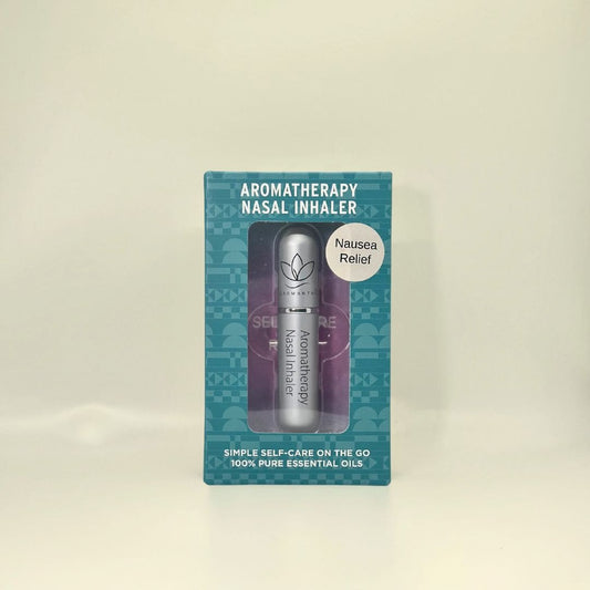 A display of the ecofriendly Aromanthi nausea relief aromatherapy nasal inhaler for simple self care on the go made with 100% pure essential oils in silver color option