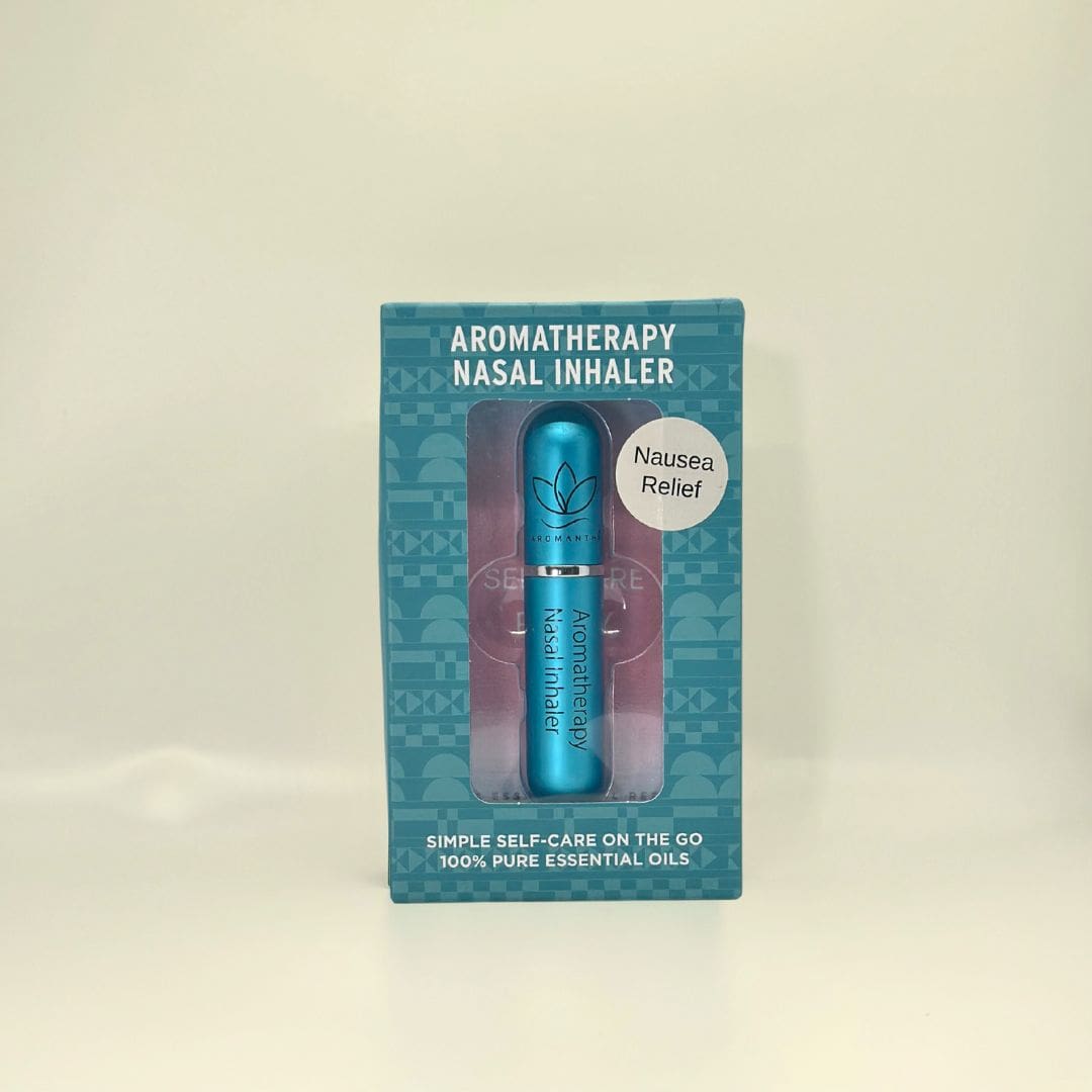 A display of the ecofriendly Aromanthi nausea relief aromatherapy nasal inhaler for simple self care on the go made with 100% pure essential oils in blue color option