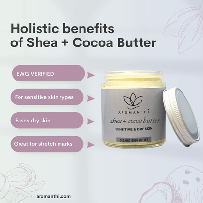 A floral photo with an image of shea + cocoa body butter and text that states EWG verified product, for sensitive skin types, eases dry skin, and great for stretch marks.