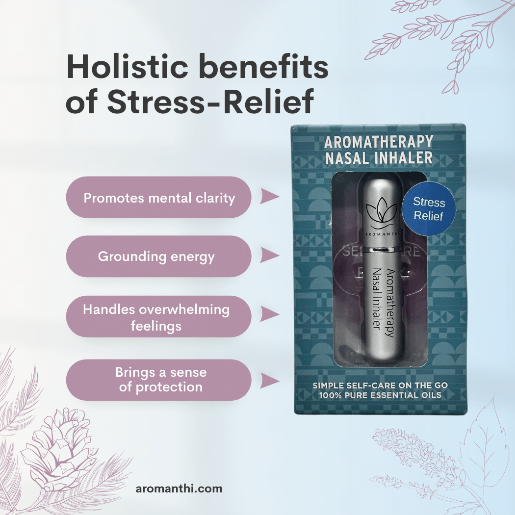 An image of a silver stress relief aromatherapy nasal inhaler that text reads holistic benefits of stress relief. Promotes mental clarity, grounding energy, handles overwhelming feelings, brings a sense of protection.