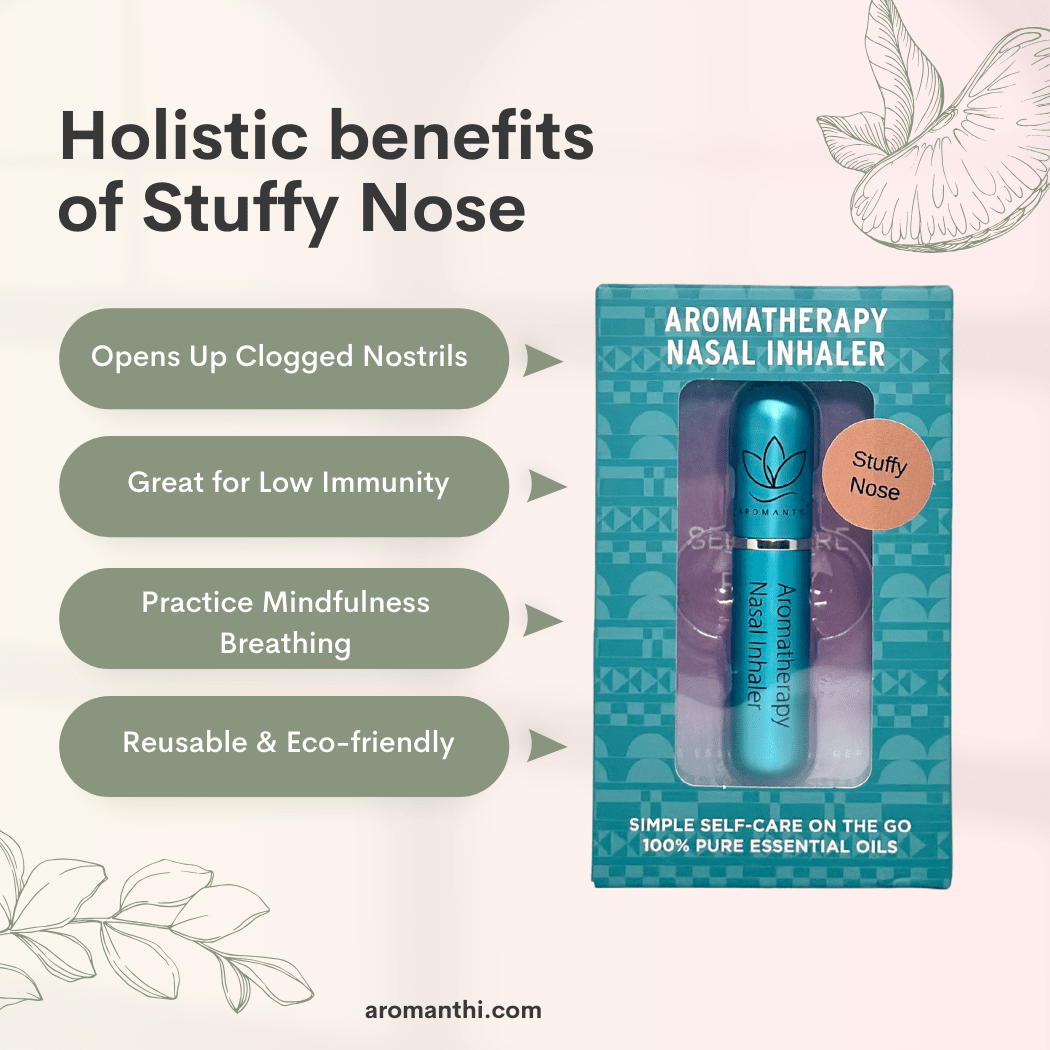 A picture of the blue Stuffy Nose aromatherapy nasal inhaler with the words holistic benefits of stuffy nose essential oil blend. Opens up clogged nostrils, great for low immunity, practice mindfulness breathing, reusable and eco friendly