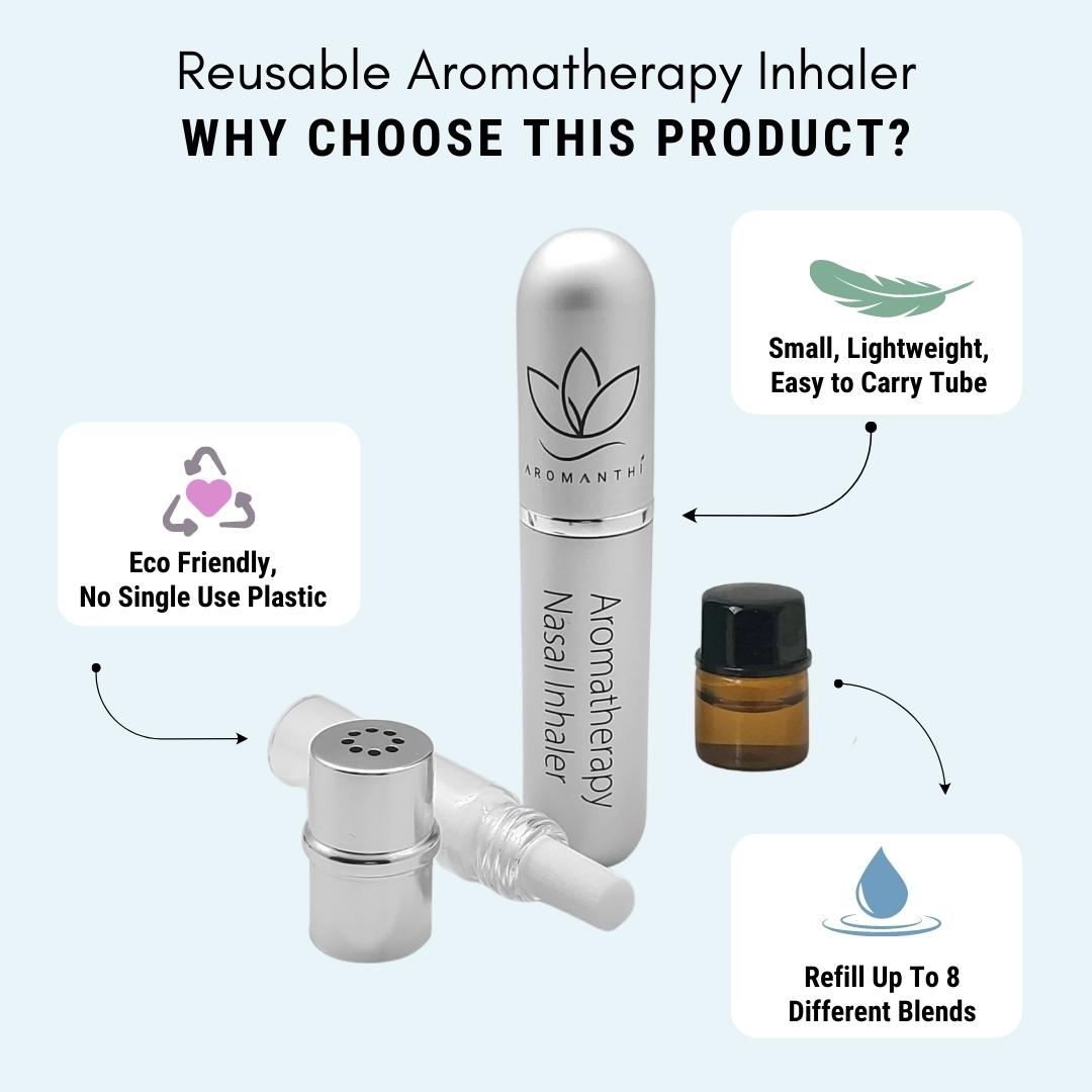 An image of Aromanthi Energize nasal inhaler that explains why you should choose this product. 1 It is ecofriendly, no single use plastic. 2 Small, lightweight and easy to carry tube, 3 You can refill up to 8 different essential oil blends