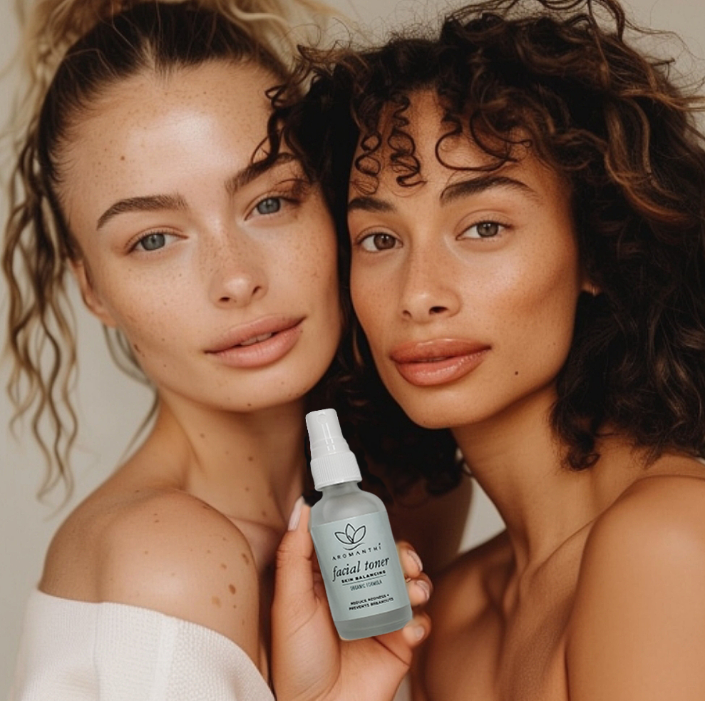 Two women who are holding the aromanthi facial toner