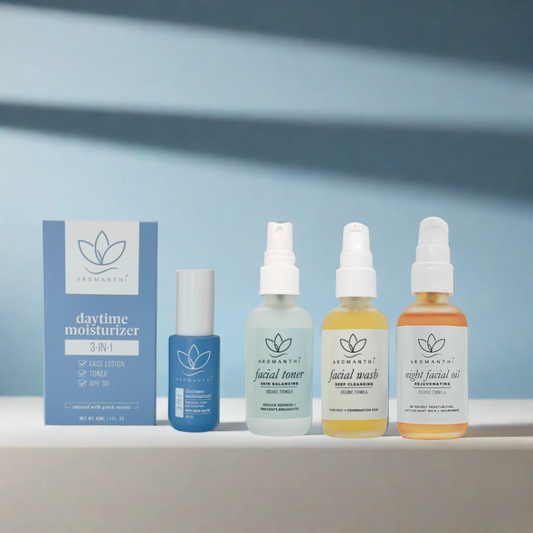 A white backdrop with the healthy skincare self-care bundle displayed. Products include 3-in-1 daytime moisturizer, facial wash, facial toner, and night facial oil that is EWG verified.