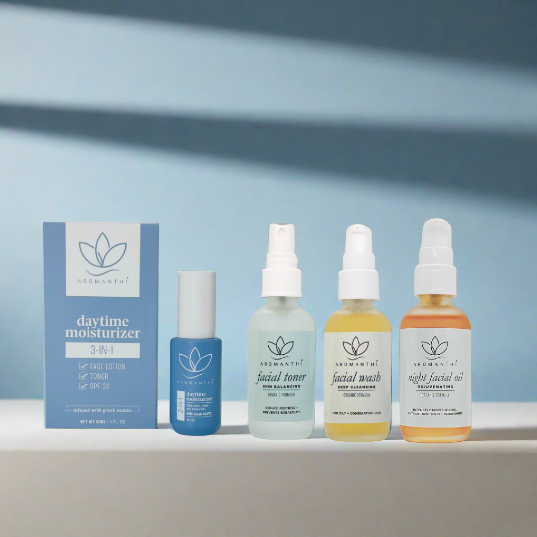 A minimalist blue backdrop with the healthy skincare self-care bundle displayed. Products include 3-in-1 daytime moisturizer, facial wash, facial toner, and night facial oil that is EWG verified.