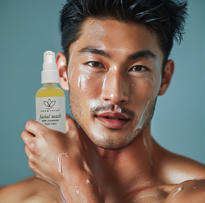 a male model with a blue backdrop and he is holding the aromanthi facial cleanser by his lathered and slightly soapy face