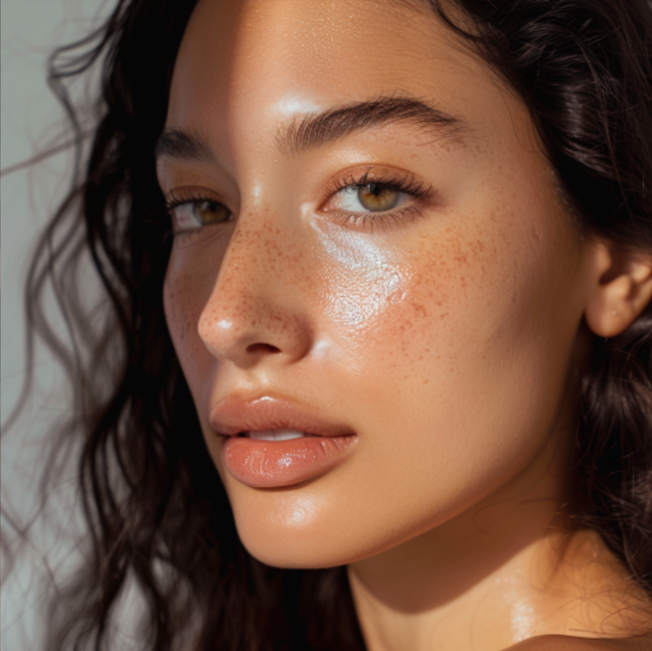 A zoomed in photo of a model after she has applied the mastic daytime moisturizer on her face displaying a beautiful light glow on her skin