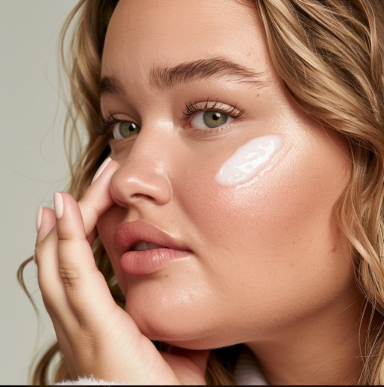 this is a model who is showing the texture of the daytime moisturizer on her cheek