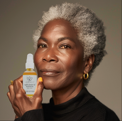an older woman holding the night facial oil up against her skin. she is up against a calming olive green muted backdrop