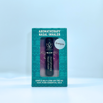 A display of the ecofriendly Aromanthi Energize aromatherapy nasal inhaler for simple self care on the go made with 100% pure essential oils in black color option