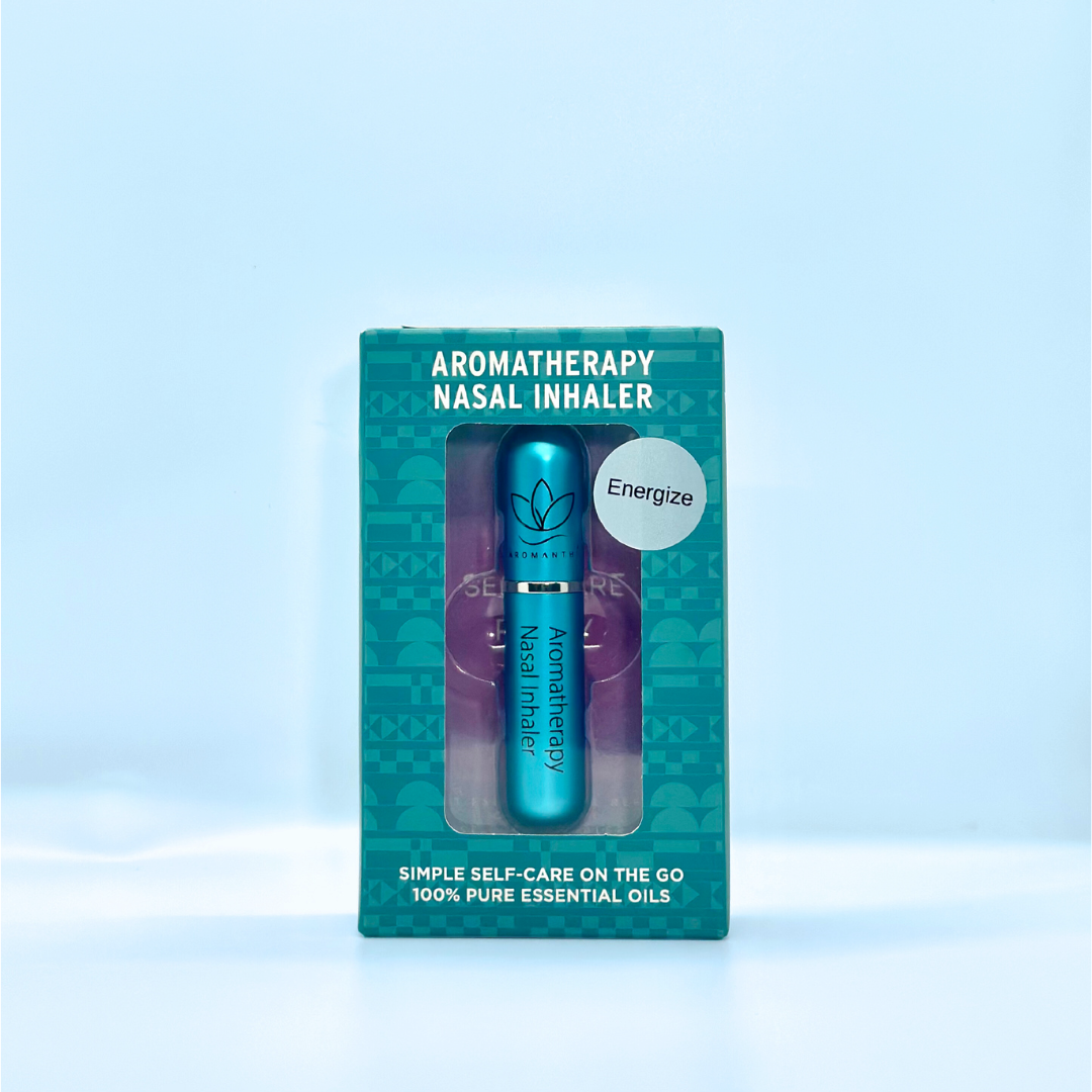 A display of the ecofriendly Aromanthi Energize aromatherapy nasal inhaler for simple self care on the go made with 100% pure essential oils in blue color option