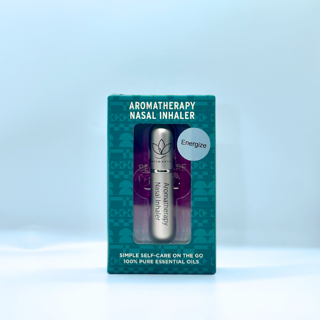 A display of the ecofriendly Aromanthi Energize aromatherapy nasal inhaler for simple self care on the go made with 100% pure essential oils in silver color option