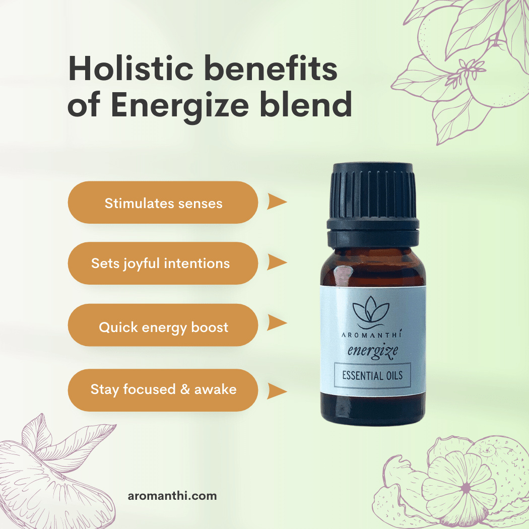 A photo of energize essential oil blend with a light green background and the text holistic benefits of energize blend. Stimulates senses, sets joyful intentions, quick energy boost, stay focused and awake.