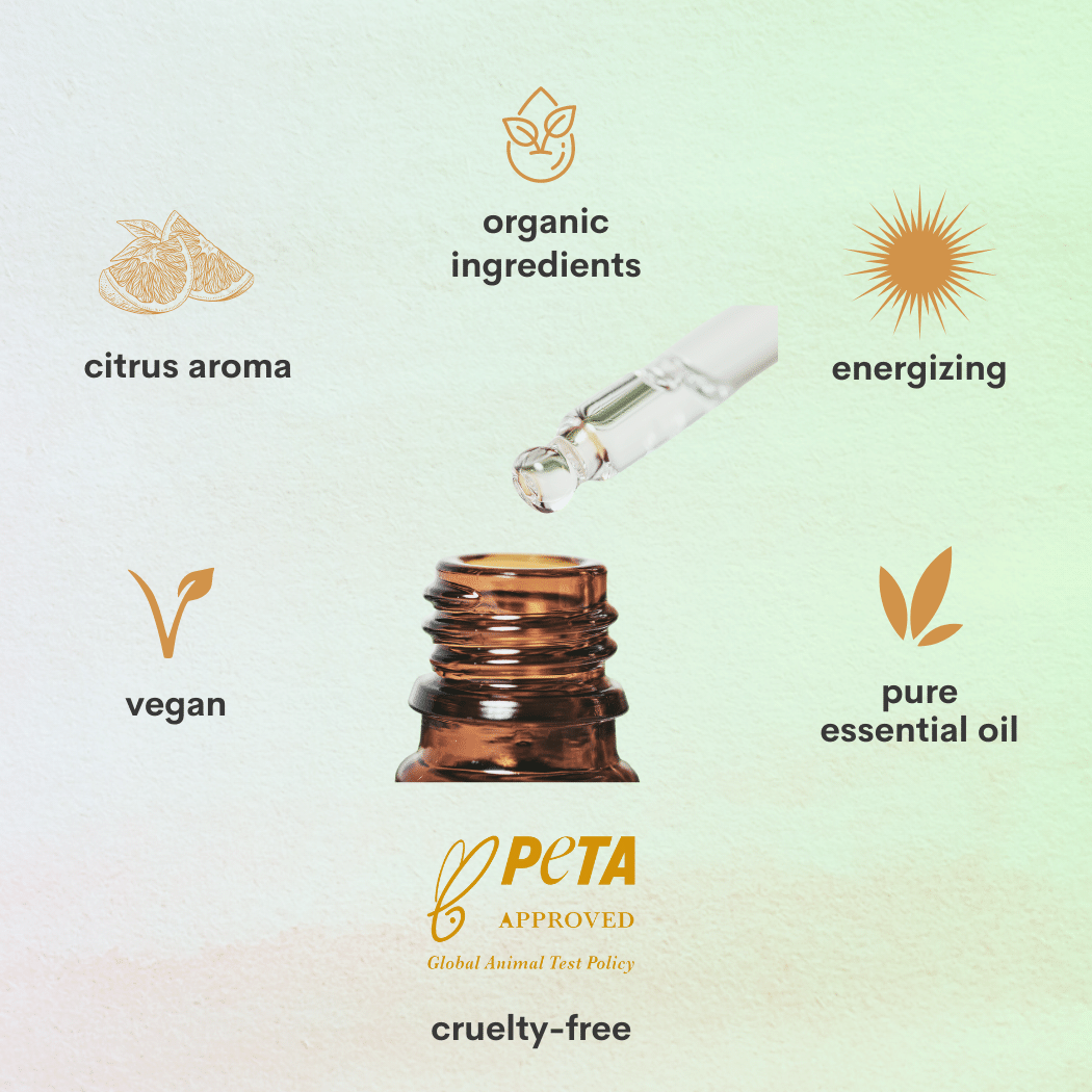 A light green backdrop with the image of a essential oil drop with the text organic ingredients, energizing, pure essential oil, peta approved cruelty free, vegan, citrus aroma