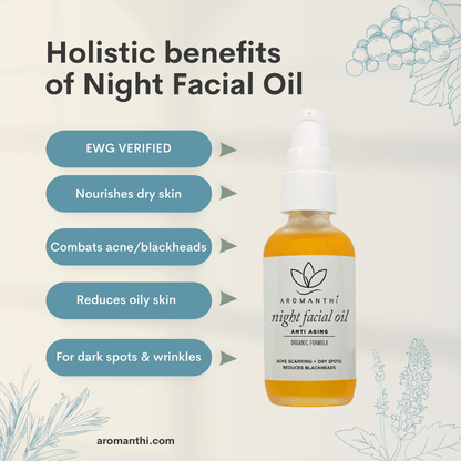 The night facial oil displayed on a light blue background with the text holistic benefits of night facial oil nourishes dry skin, combats acne and blackheads, reduces oily skin, for dark spots and wrinkles.