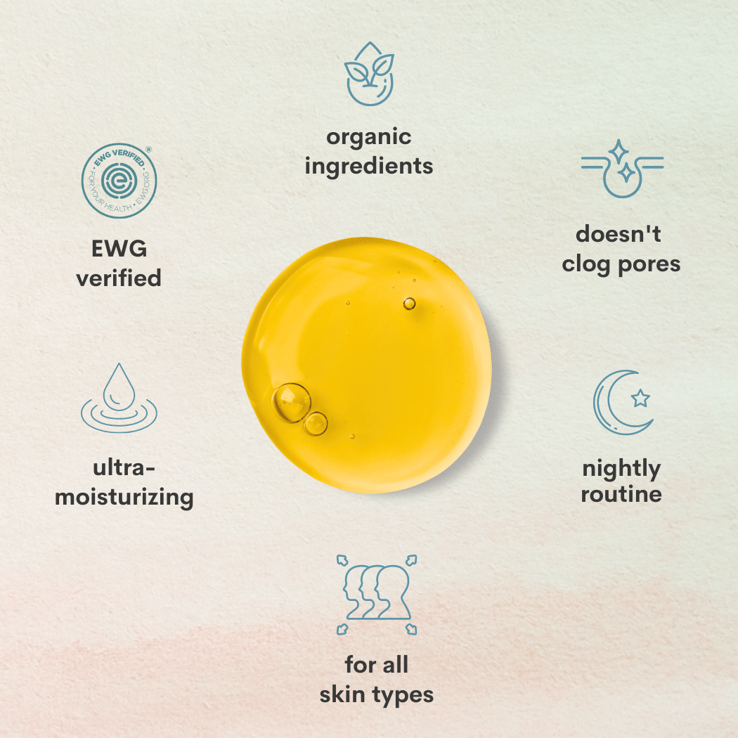 A close up of the facial oil liquid with symbols and text stating organic ingredients, doesn't clog pores, nightly routine, for all skin types, ultra moisturizing, easy self care tool